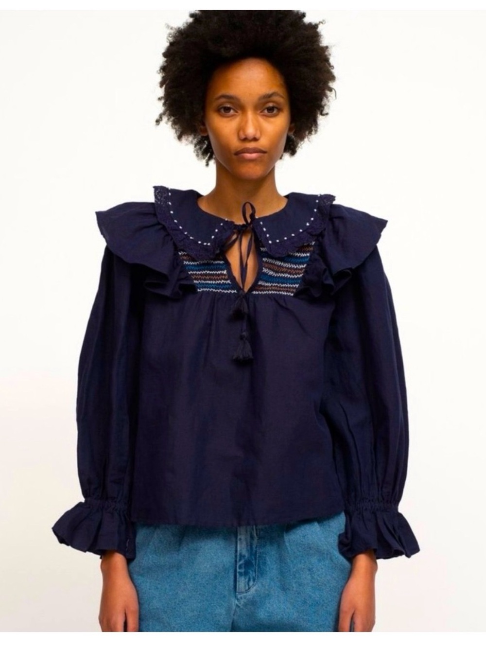 Sea New York Navy Ruffled Tie-Neck Blouse